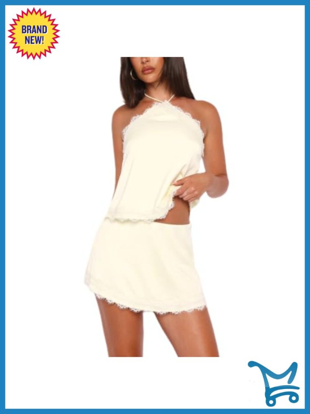 Women Satin 2 Piece Skirt Set Lace Trim Halter Top Mini Skirt Summer Outfit